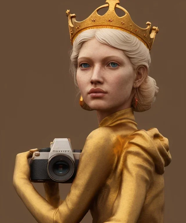 Statue of Queen of photography. Cute blonde woman. Photographer in golden crown. Standing on the street. Big camera in her hand. hyperdetailed, photorealistic, trending on artstation, greg rutkowski, beksinski, kodachrome