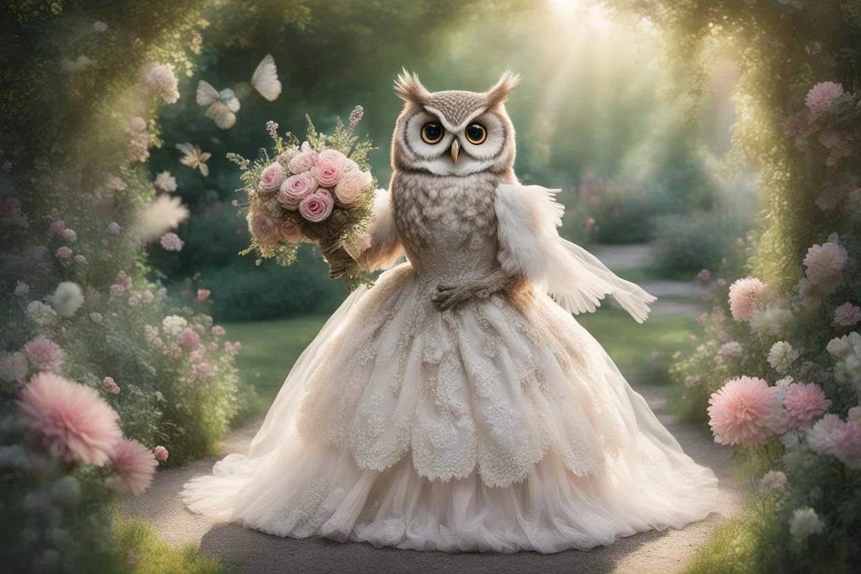 an anthropomorphic, owl bride happily throwing a bouquet in a beautiful garden. The owl has fluffy feather in shades of light brown and grey with distinct tabby markings on its face. Its large, expressive eyes are a deep emerald green and it has a small, pink nose. The owl is wearing embroidered white lace bride dress, tulle, gemstones, pearls, adorning the hem and bodice. Behind her, a celebrating crowd, owls and people dressed in elegant clothes, wedding food and cake on the tables. Behin