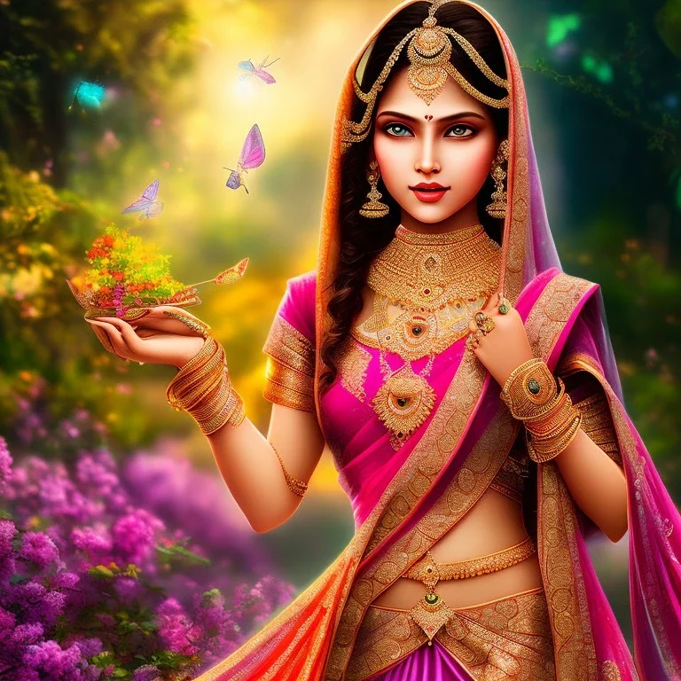 bright indian fairy, beautiful portrait, flowery landscape