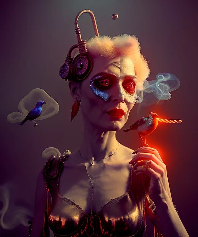 Surreal, steampunk , , cabaret scene. Russian old woman. Sweat, Birds, Feather, smoking, happy, hot, color fog, people background, highly detailed, concept art, unreal engine 5, god rays, ray tracing, RTX, lumen lighting, ultra detail, volumetric lighting, 3d, finely drawn, high definition, high resolution.