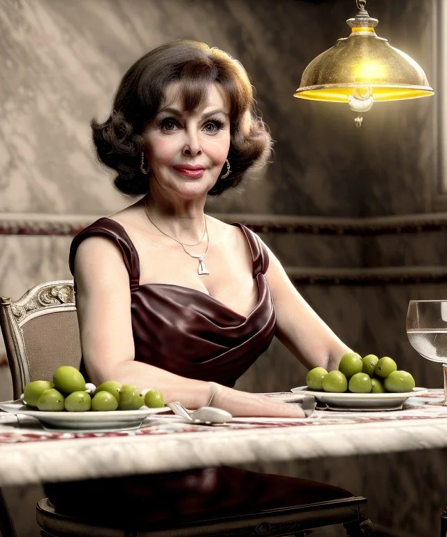 Ultra realistic photographic portrait, happy elegant Gina Lollobrigida woman sitting with arms resting on Italian kitchen table, pretty tortellini dish with olive oil and albahaca, renaissance style decoration, cold, soft color, highly detailed, unreal engine 5, ray tracing, RTX, lumen lighting, ultra detail, volumetric lighting, high definition.