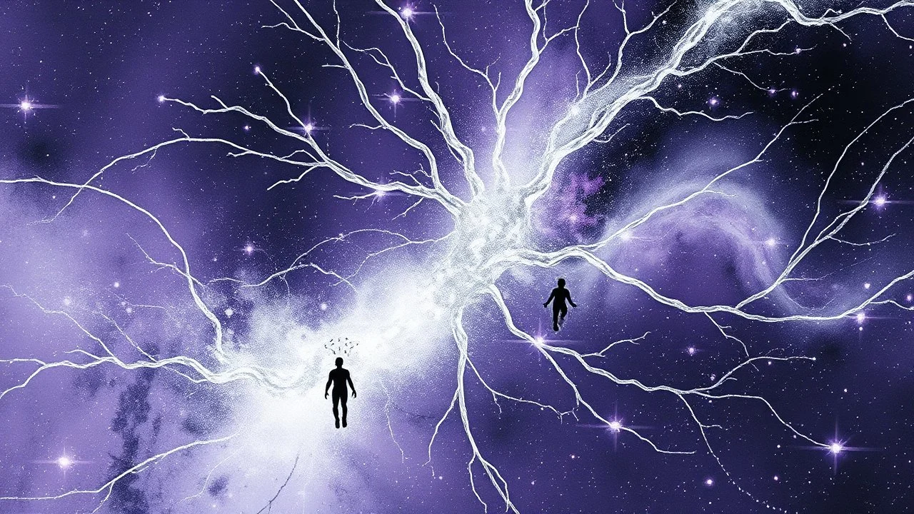abstract 2d digital art graphic and ink montage,. galaxy in background with nebulas, pale silver gray human nervous system with fade little lights , dark purple, white-dark blue-pale gray and black colors, stunning composition with strange surreal vibe, emotional, abstractions, neurodivergens soul and mind, cinematic, thriller, four little human dark shilouette floatings in universum