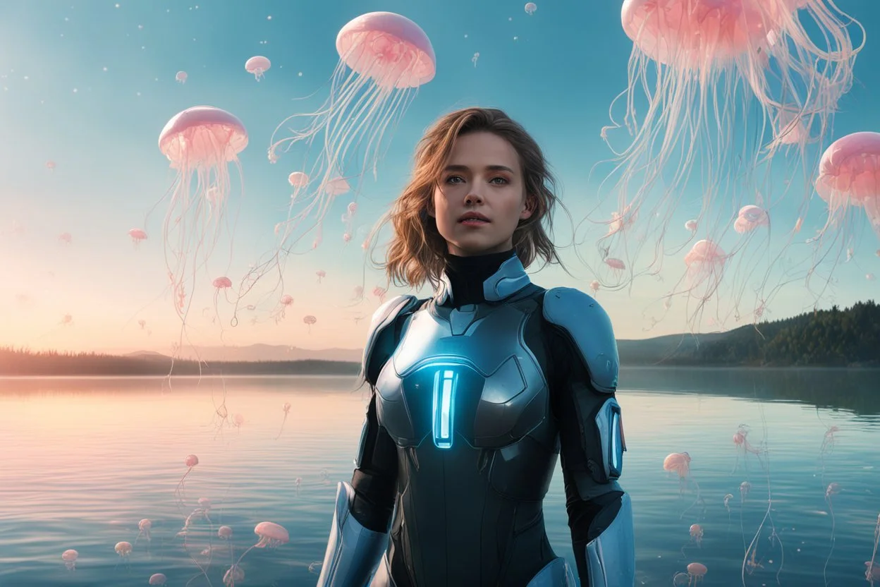 A young woman in an android suit, standing next to a lake, with many jellyfish floating through the air.