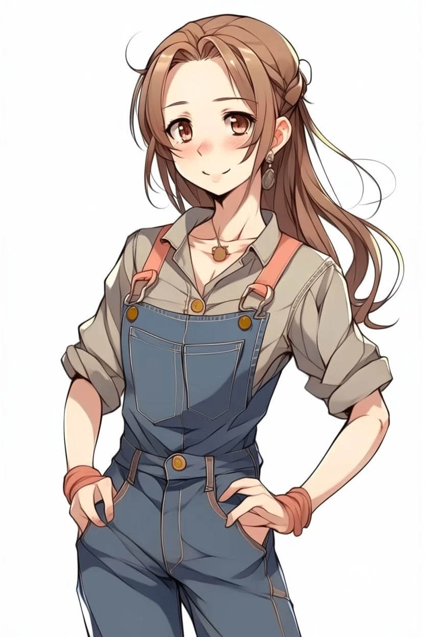 brown hair in a ponytail anime girl in jean overalls