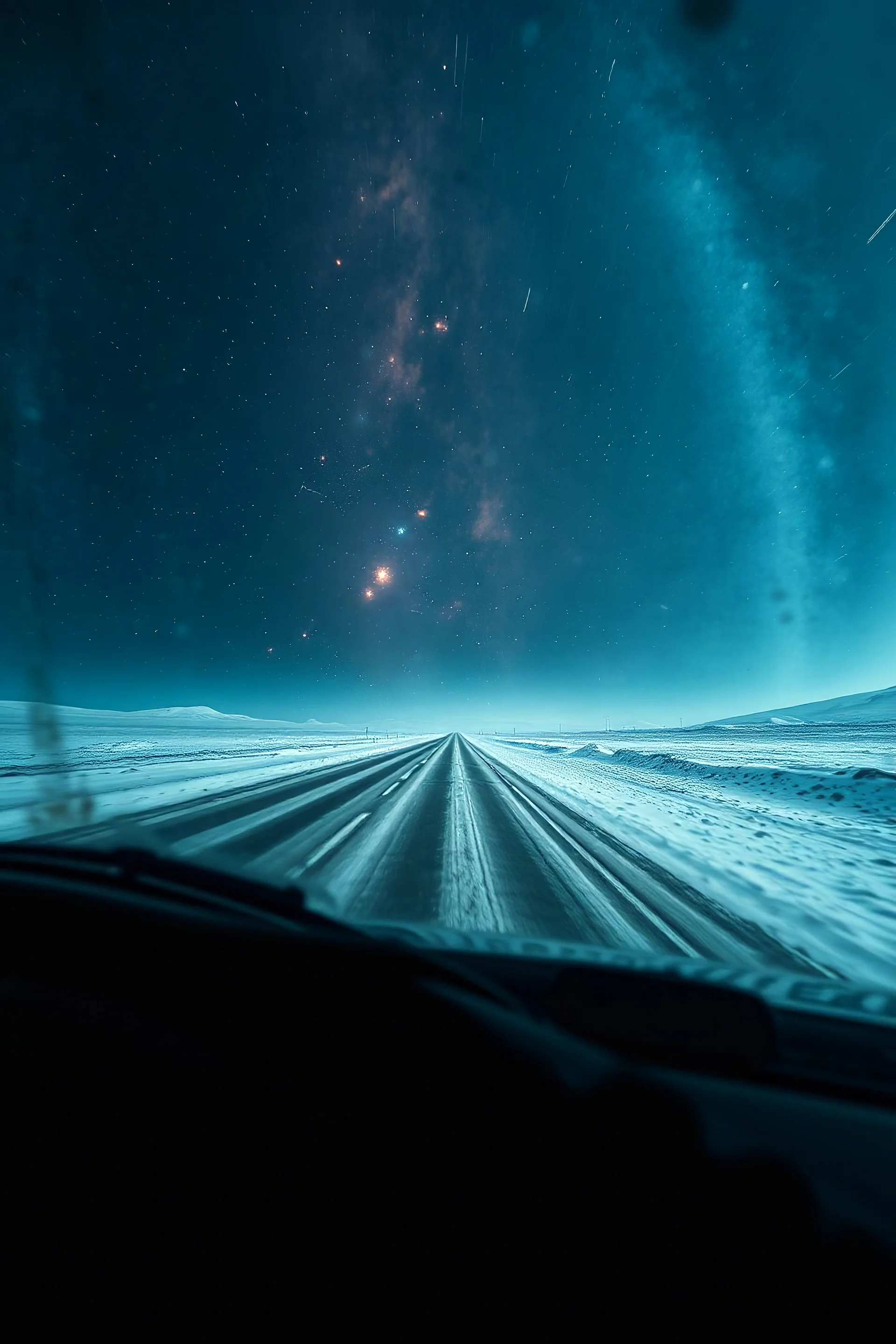 surreal road in space seen through a dirty truck front window, dirty blue snow and wind
