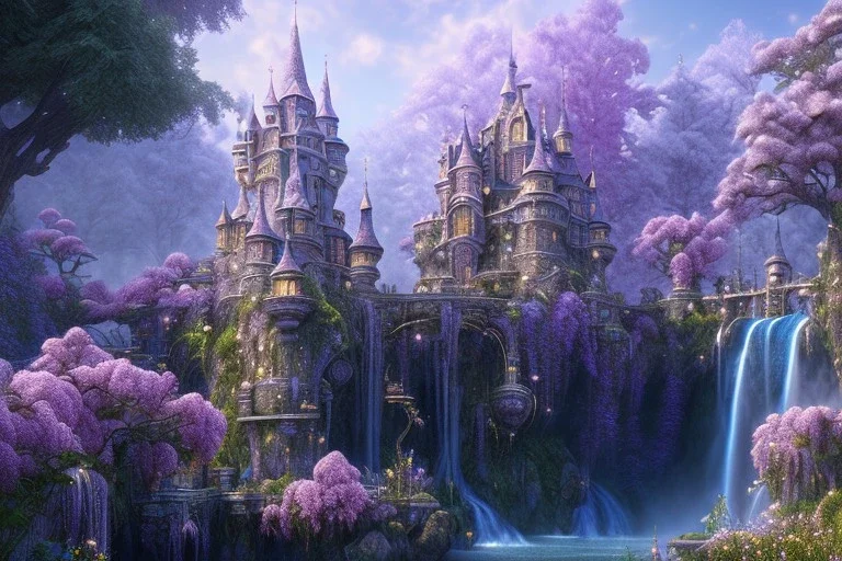 a fairy tale style, with anda indigo castle，waterfall, flowering trees, full of details, matte painting, concept art, smooth, bright sunshine，soft light atmosphere, blender unreal engine，light effect，rtx on，vaporwave colorful, artstation, concept art, smooth, extremely sharp detail, finely tuned detail, ultra high definition, 8 k, unreal engine 5, ultra sharp focus, illustration, magic ambient,