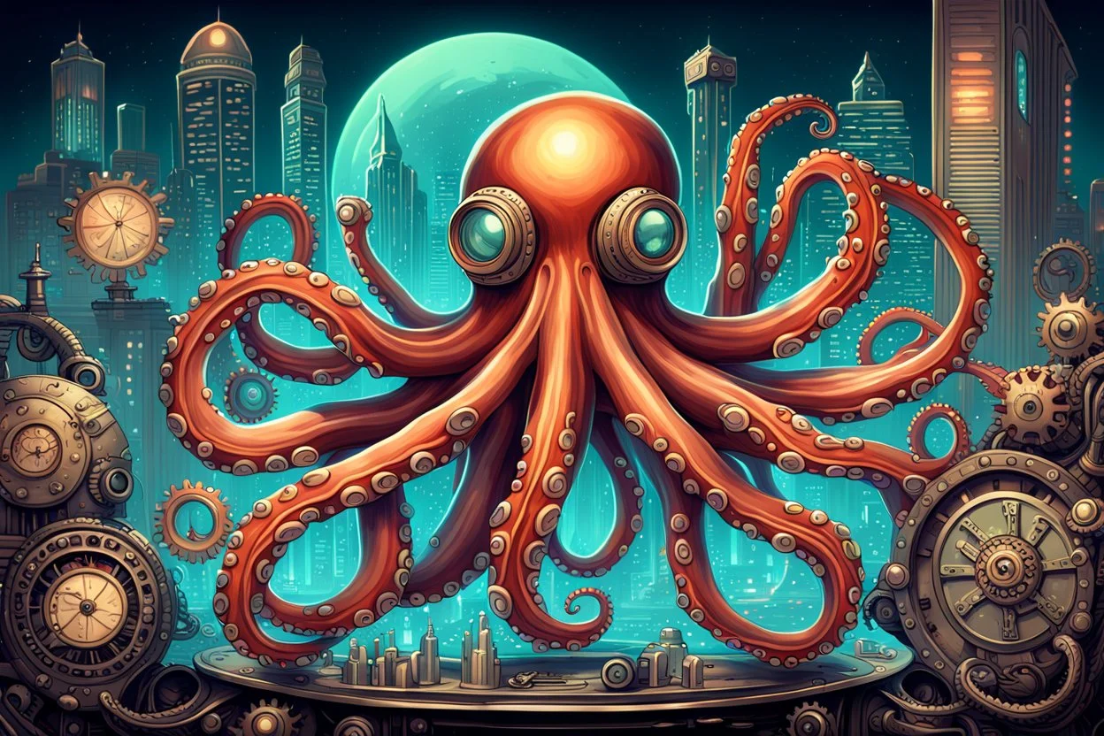 A captivating retro-futuristic illustration of an octopus in a classy science fiction world. The octopus, with an intricate steampunk design, is the centerpiece of the artwork. Its eight tentacles are adorned with various gadgets and glowing devices, including vintage gears and machinery. The background showcases a cityscape that combines old-world charm and futuristic architecture, with a neon skyline and a massive spaceship floating overhead. The overall atmosphere of the image is a blend of n