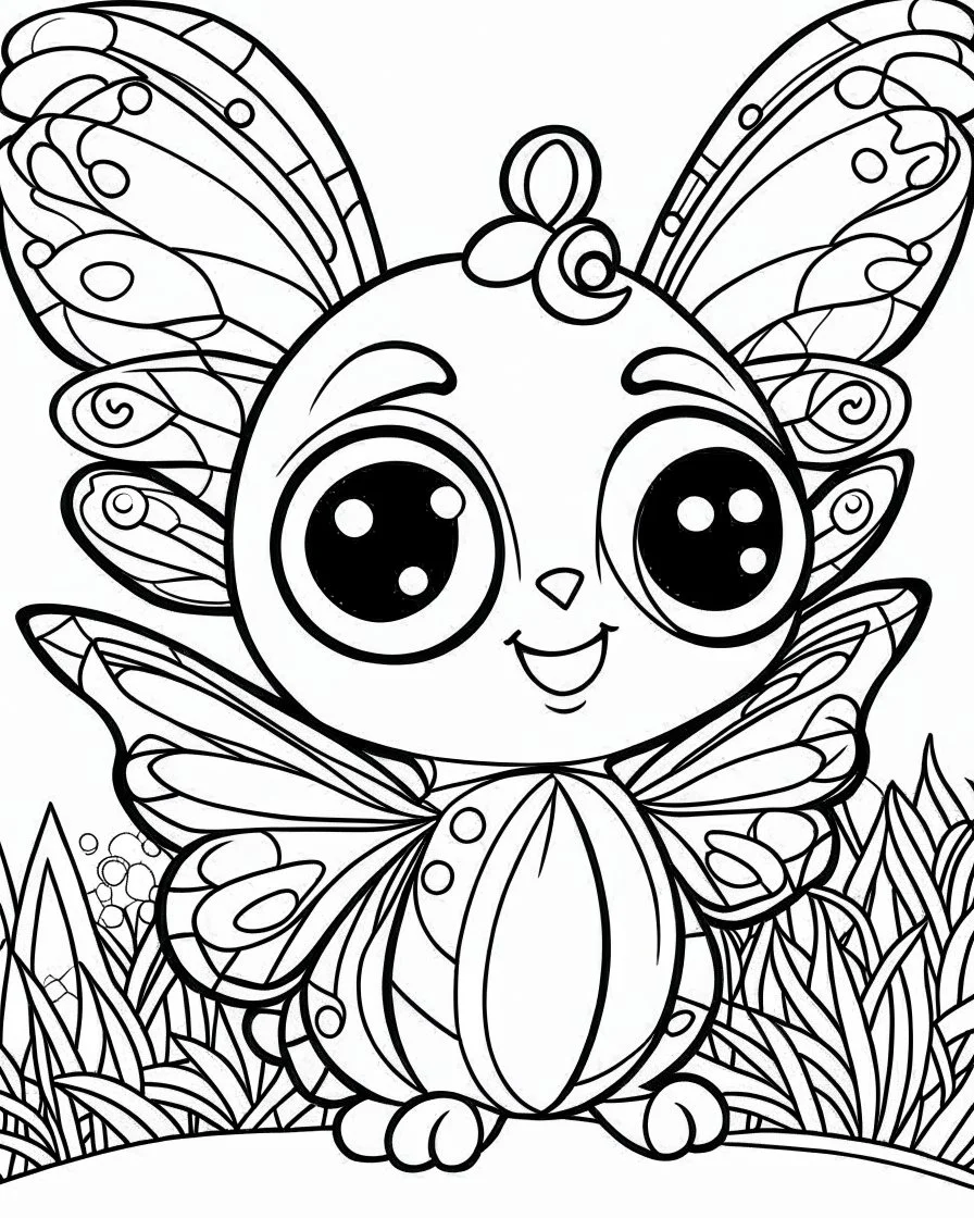 Cute butterflies, big cute eyes, pixar style, simple outline and shapes, coloring page black and white comic book flat vector, white background