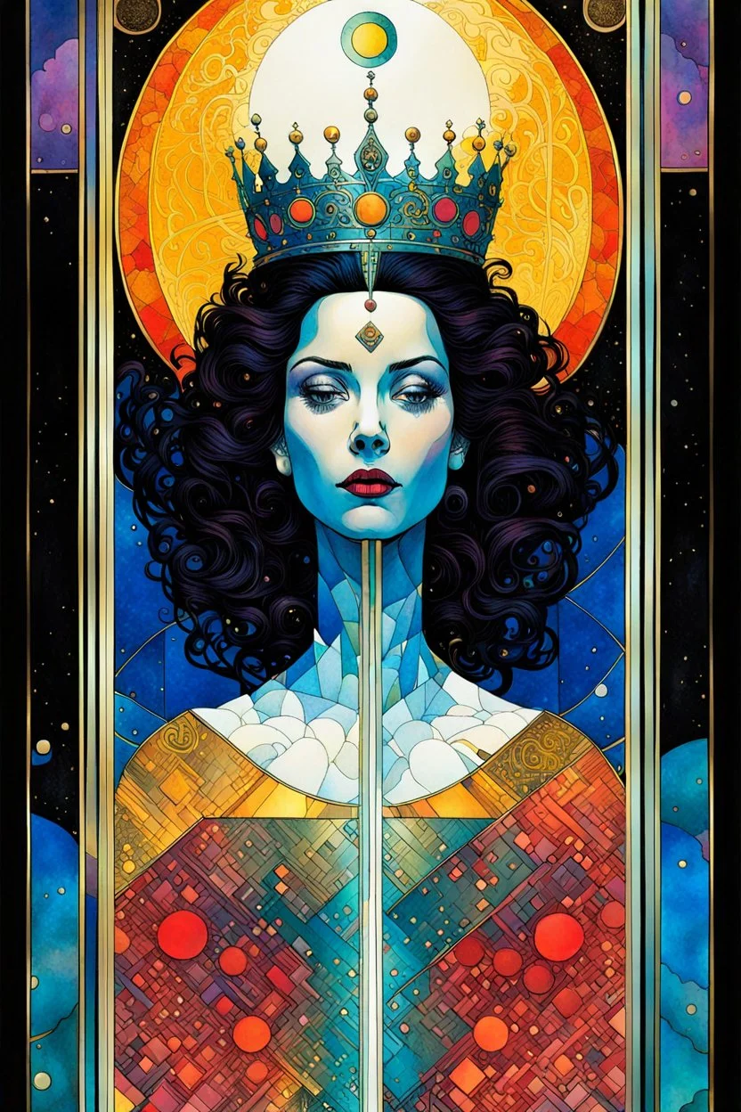 Create a chaotic abstract cubist Tarot Card depicting , The Queen of Swords , with highly detailed facial features, in the style of Bill Sienkiewicz, Philippe Druillet, Gustav Klimt, and Jean Giraud Moebius, precisely drawn, colored and inked, with ornate bordered edges