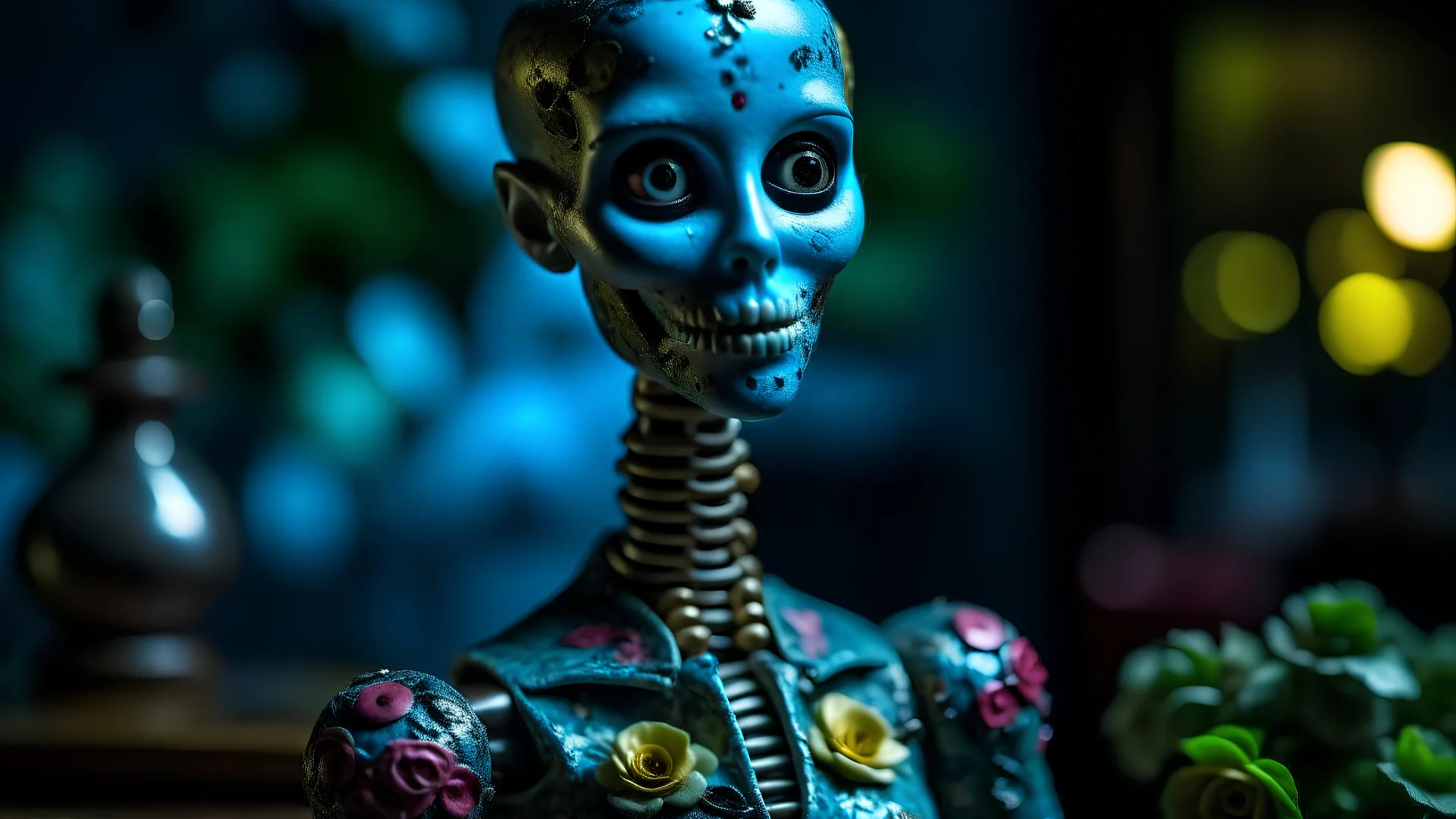 A gritty film noir photograph of a creepy posable art mannequin with articulated joints, the art style of Max Payne, eerie, flirty, painted antique porcelain, dark fine arts, morbid fine arts, macabre fine arts, 16k resolution, trending on Artstation, small, tiny colorful flowers, high quality, sharp focus, intricate details, intricate patterns, chaotic, dynamic lighting, backlit, professional photography, canon lens, full figure shot, deep color, black, crimson, and white hour.