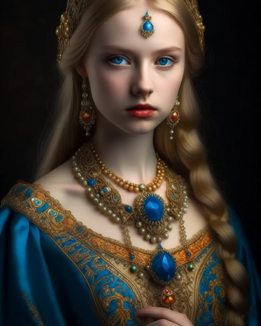 Young noble lady with golden hair and striking blue eyes. Elegant medieval dress with fine embroidery. Adorned with gemstone jewelry. Graceful posture, confident expression. Aristocratic features. Fantasy court setting, refined atmosphere.