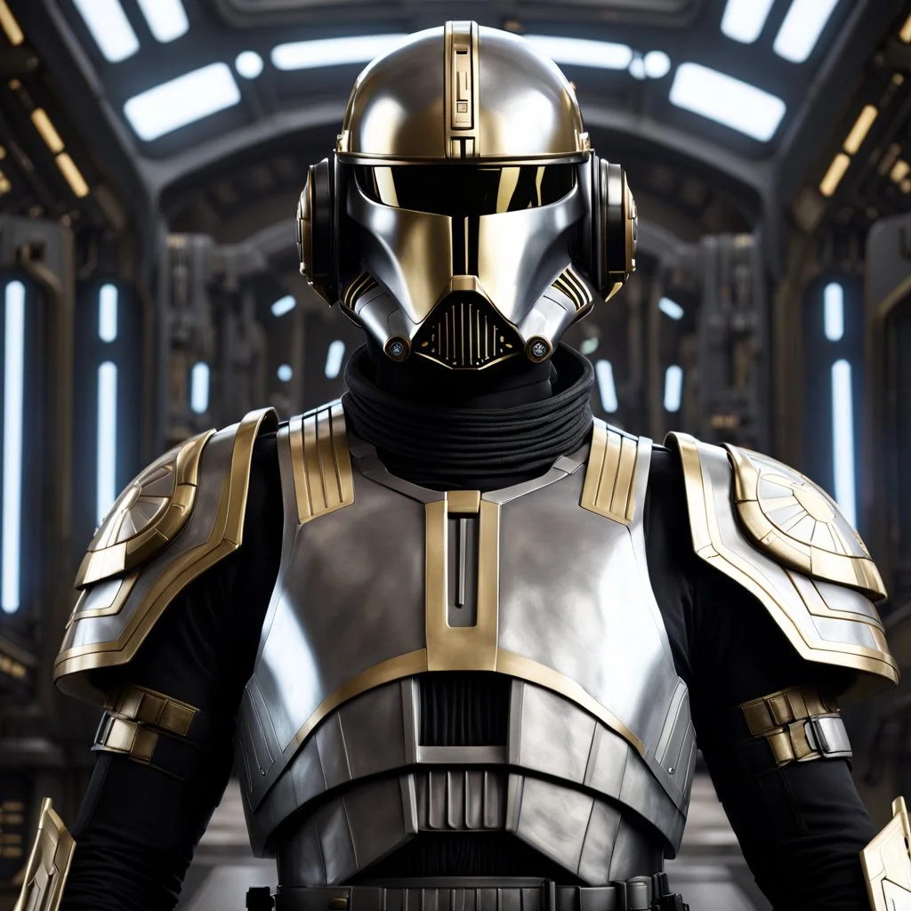 star wars bald male corellian pilot wearing pearlescent black and gunmetal grey First Order special forces heavy assault armor and helmet with gold trim inside the jedi temple, centered portrait, hyperdetailed, dynamic lighting, hyperdetailed background, 8k resolution, volumetric lighting, light skin, fully symmetric details