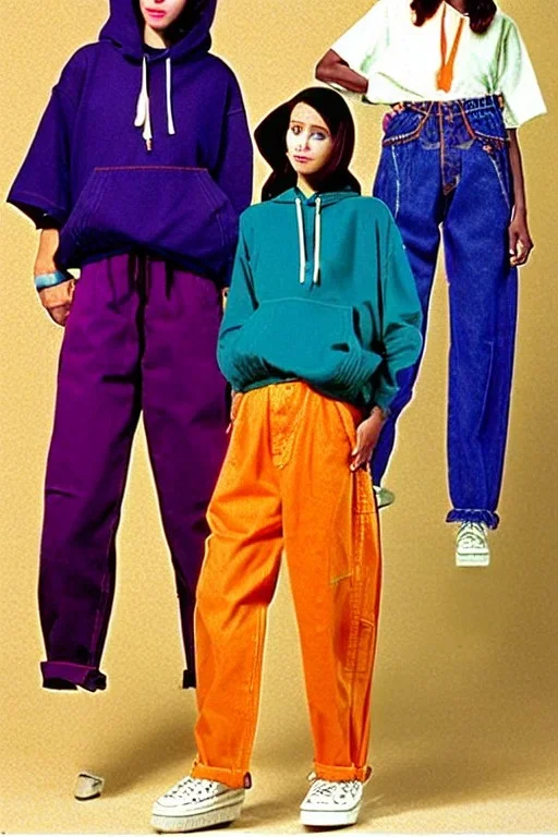 year 1998 women fashion. Loose, baggy, low waist Combat pants, t-shirt, new kind of hoodie with tippet! recycled denim straight trousers. Colors: denim blue, blue, purple, cream, khaki, "light green", lilac, plum, orange, terracotta, red, light yellow, lion yellow, pink, dark blue, beige. Sturnus vulgaris-print. wide belt. Partly latex or leather. Kylie Minogue, Tyra Banks. leg warmer. Cargo pants and hoodie!