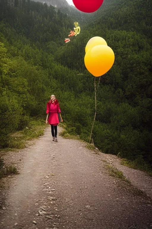 A beautiful girl walking along a mountain path, walking against the wind with balloons in her hand. nature, HD photography, Galen Rowell, David Muench, perfect composition, gloss, hyperrealism