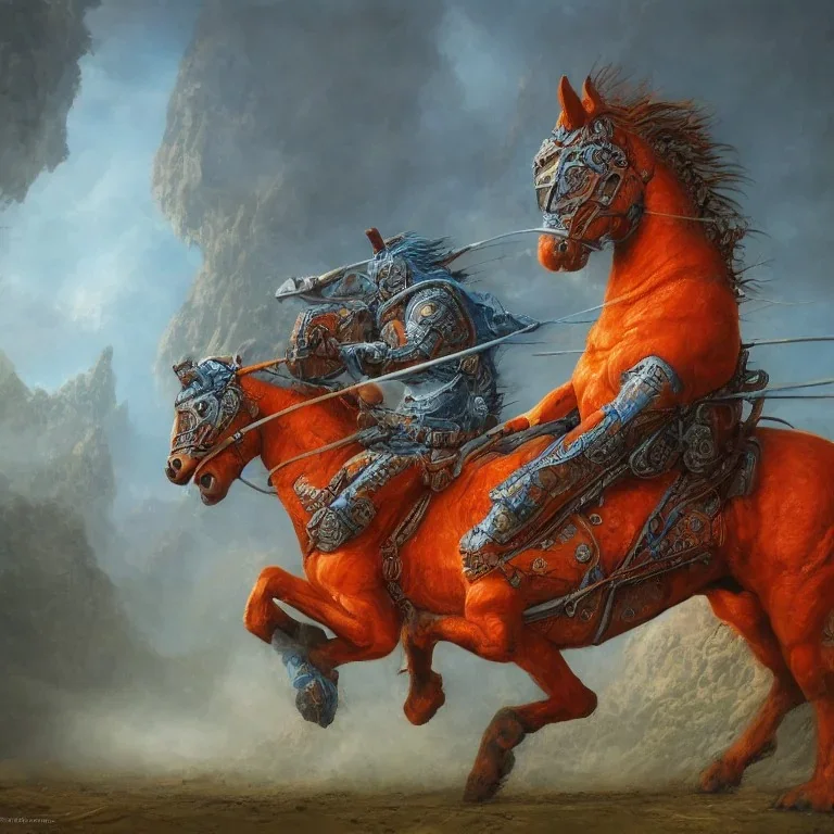 angry horse in orange and blue battle armor, bucking, a highly detailed illustration, background of Inka jungle, realistic render, 8 k, micro detail, intricate, elegant, centered, digital painting, Artstation, smooth, sharp focus, illustration, artgerm, tomasz alen kopera, peter mohrbacher, donato giancola, joseph christian leyendecker, wlop, boris vallejo