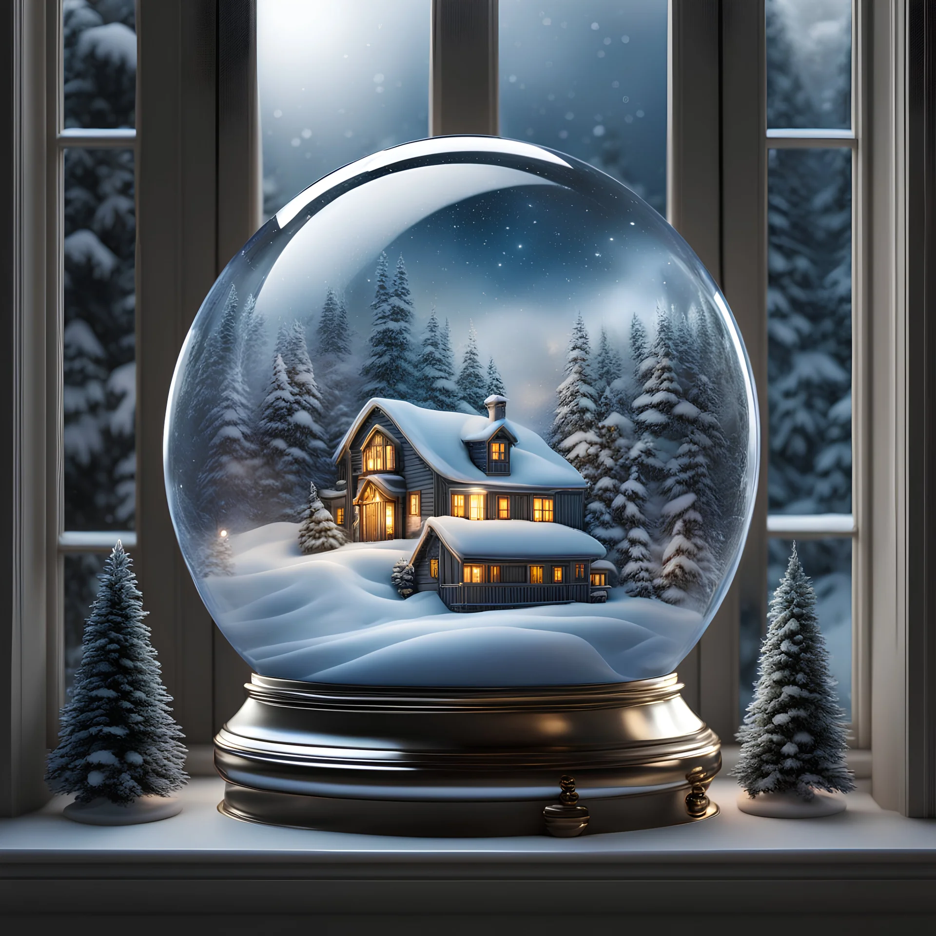 a beautiful snow globe stands in a window sill :: 8k resolution concept art, hyperdetailed, intricately detailed, white, gray, dark blue, black, Amanda Sage style, maximalist, splash art, digital art, airbrush and ink art, astral, beautiful, sharp lines, elaborate, elemental, fantastical, photorealistic, volumetric lighting, dynamic lighting, cinematic post-processing, epic masterpiece, award winning, crisp quality, centered, ordered, clean, glossed and polished