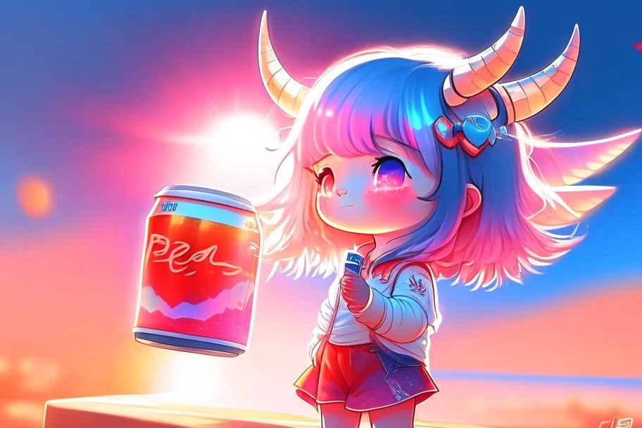 cute chibi holographic girl looking at a red bull happily in sunshine