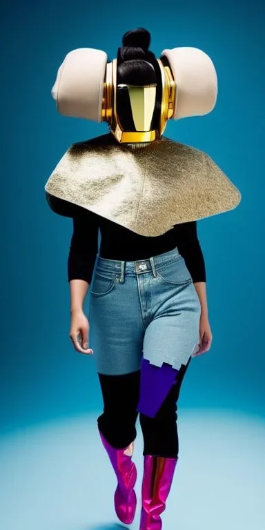 Asa Akira, thick thigh, thick calves.Fashion colors in 2023! Futurism, 90's, daft punk around the world,details,.Mantle is sewed of recycled Denim and sewed together felt pieces.Big headphones, with gold rings, is merged with small felt cap with small visor. A bag is integrated to the mantle. Big camouflage Patterns are composed of orange, cream, cobalt blue, lilac and purple and warm colours. LATEX (blue). It is with big bright purple felt hood, tippet Apricot Crush frill