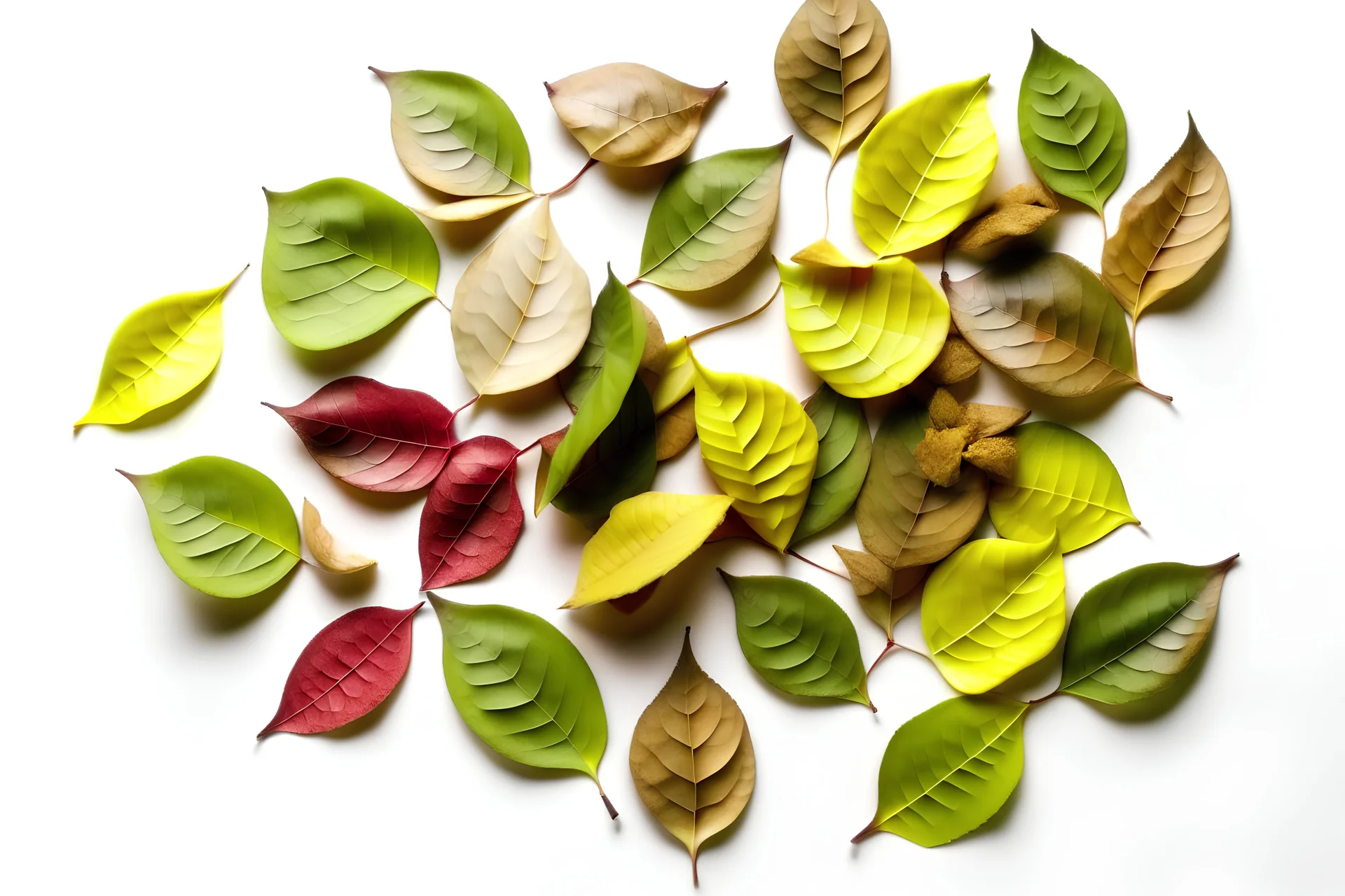 Many tree leaves stacked on top of each other on a white background and seen from above