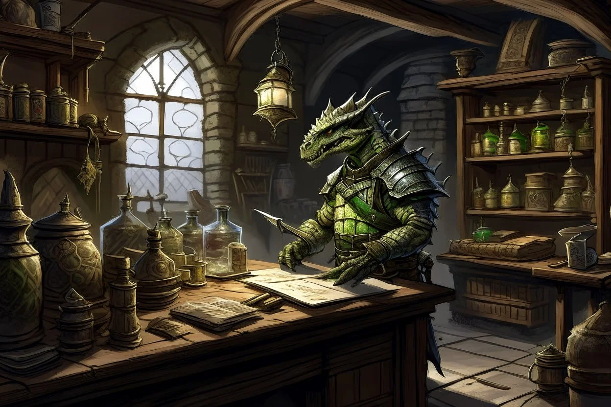 the lab of an argonian artificer in a fantasy realm