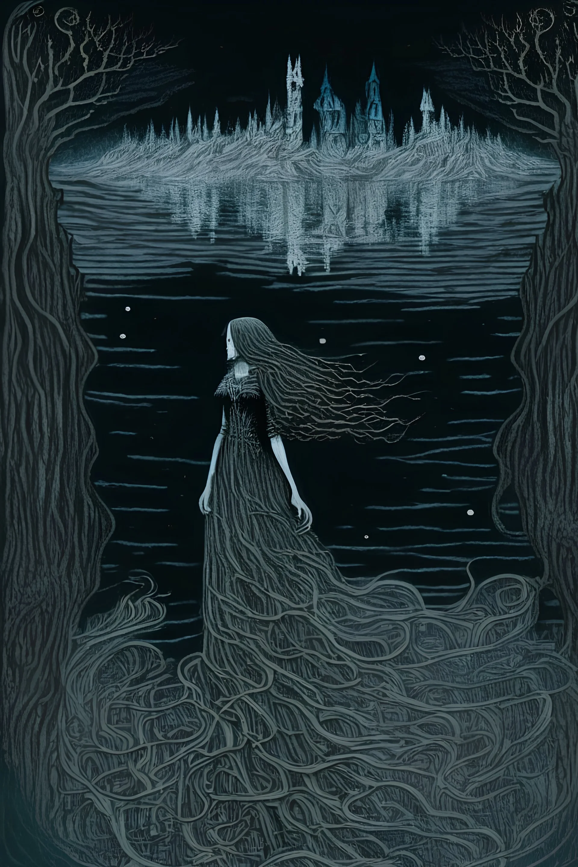 A ghostly apparition of a woman floating in the still waters of a dark lake, surrounded by a desolate gothic landscape. The woman's hair and dress flow around her as if suspended in time. The intricate details are reminiscent of gothic art, with intricate patterns etched into the decaying architecture surrounding the lake's edge. ((The overall color scheme is very dark and shadowy, with hints of purples and blues to create an eerie atmosphere.))