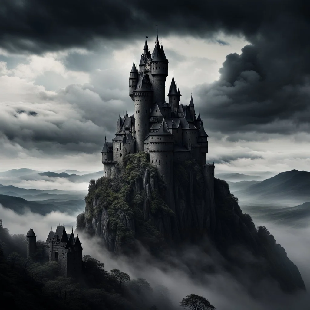 a black and menacing castle floating in midst air, hilly environment, cloudy sky