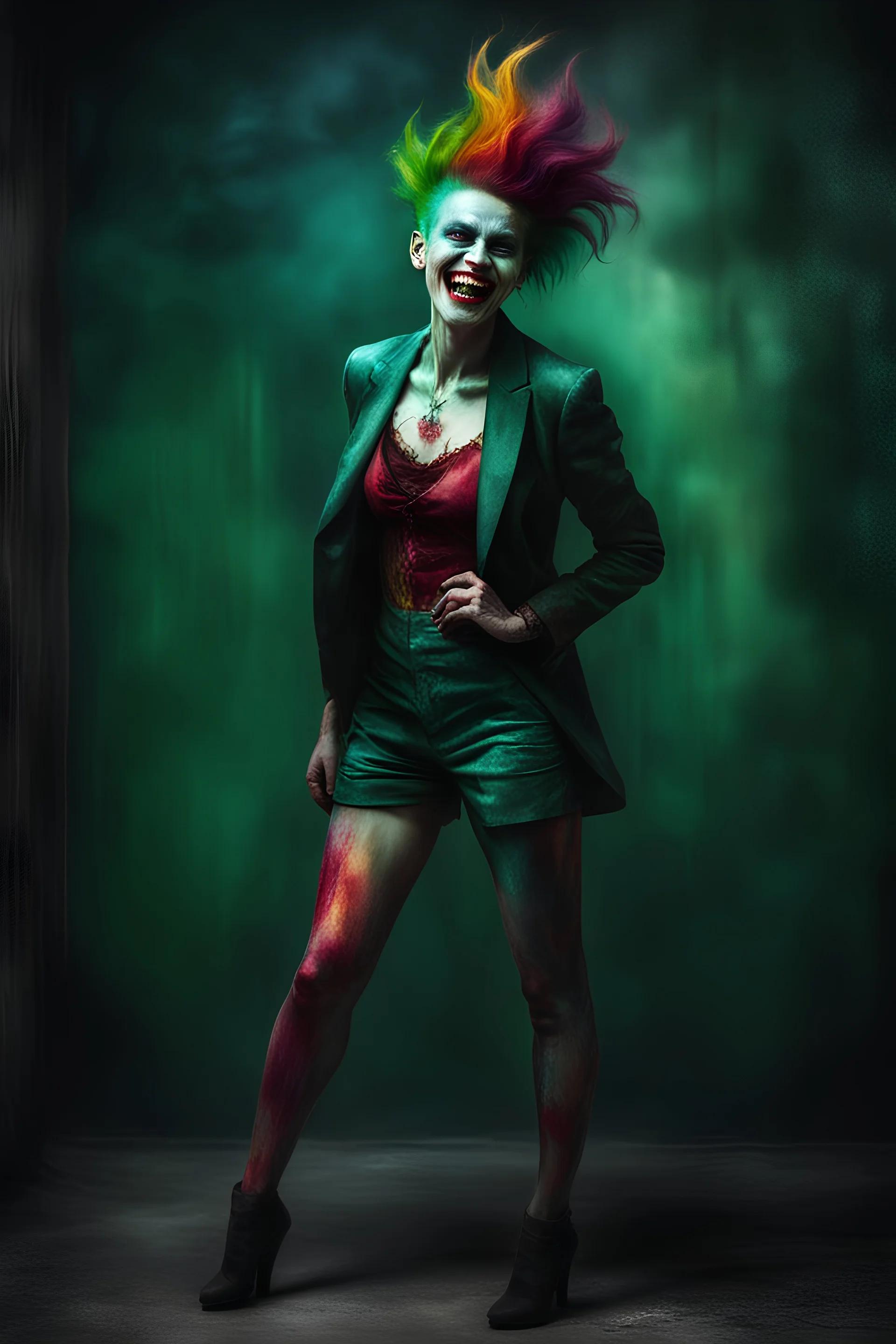 a multicolored, watercolor stained, wall in the background, inspired by all the works of art in the world - laughing - Millie Miller, an extremely tiny, thin, voluptuous beautiful vampire werewolf zombie Joker female with a emerald mohawk, full body image, wearing a skinsuit, Absolute Reality, Reality engine, Realistic stock photo 1080p, 32k UHD, Hyper realistic, photorealistic, well-shaped, perfect figure,