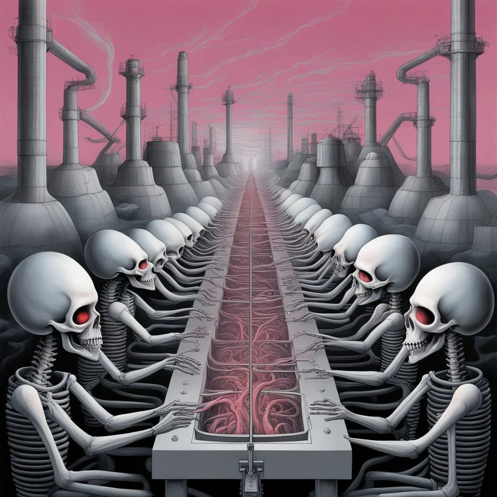 by Anton Semenov and Gerald Scarfe and George Ault, surreal nightmare-scape, Welcome to the Machine, assembly line leading into a horrifying bone furnace, Pink Floyd Album art, color ink illustration, sharp focus, surreal concept art, by Zdzislaw Beksinski