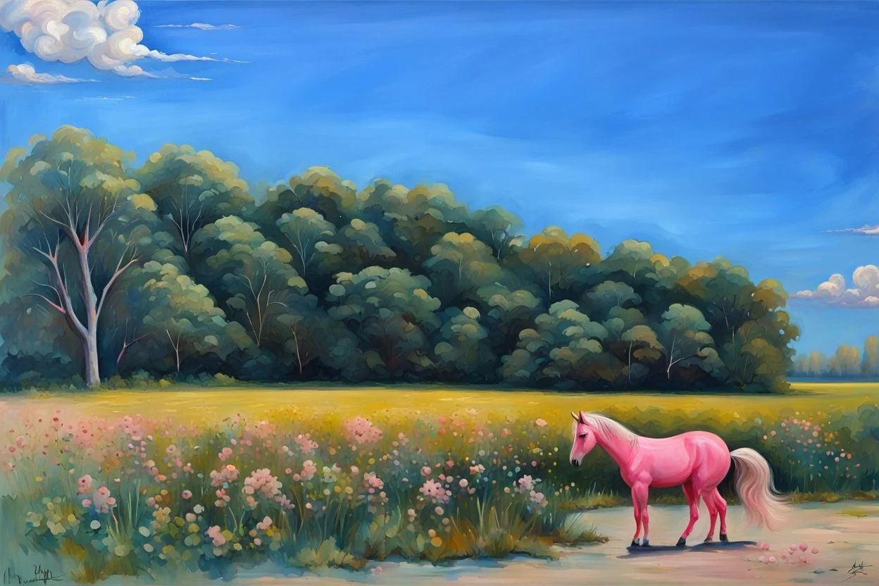 Big pink plastic toy horse.19th painting