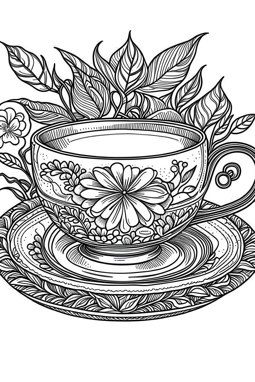 Outline art for coloring page, TEACUP SET IN THE OCENA, coloring page, white background, Sketch style, only use outline, clean line art, white background, no shadows, no shading, no color, clear