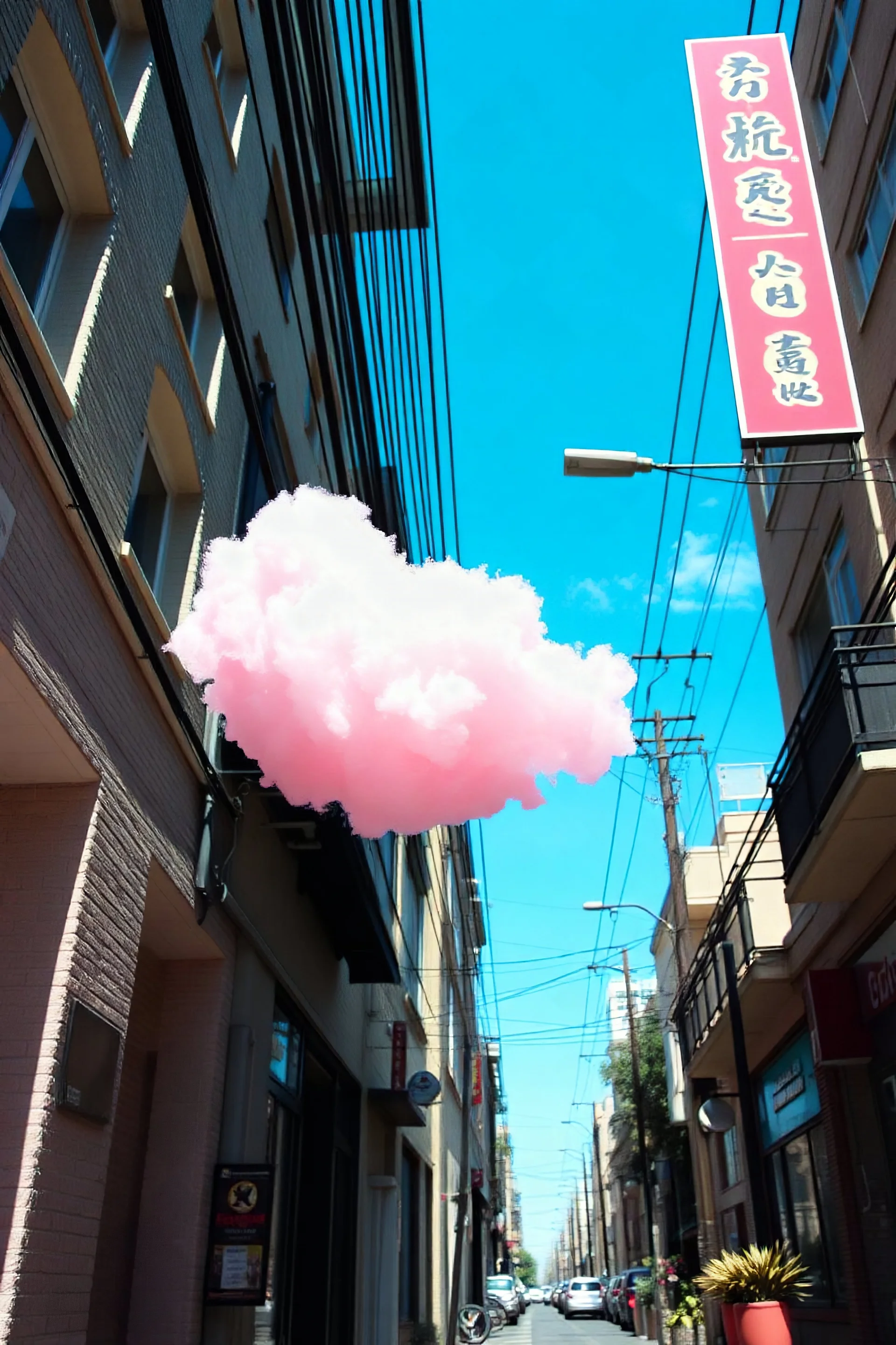 A pink plastic cloud floating in the street, sunny
