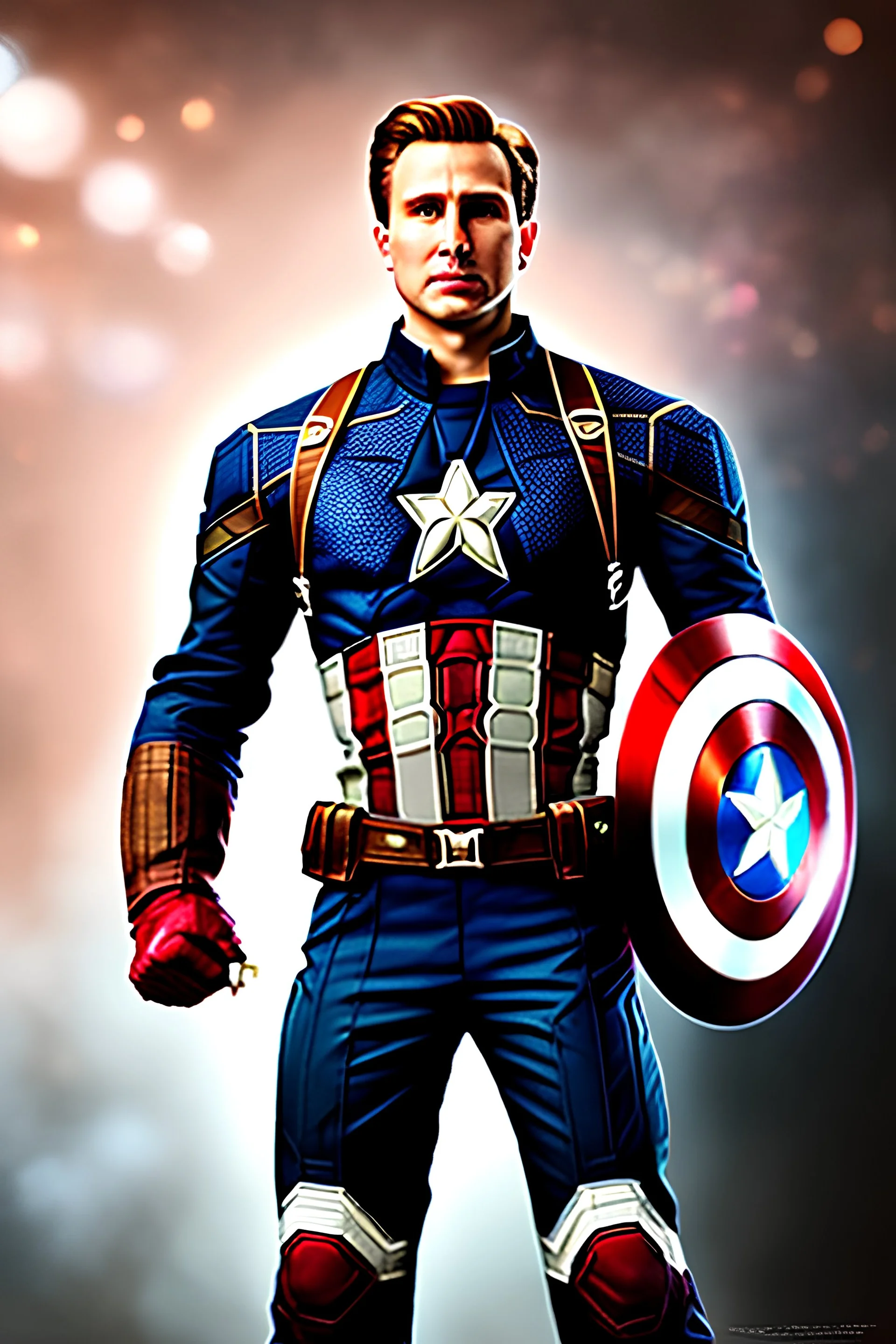 A real realistic picture of Captain America, white skin, medium nose, medium hazel eyes, wavy hair, pink cheeks, full eyebrows, long eyelashes, round face, full lips, smiling face ،A real, realistic picture of a beautiful twenty-year-old carrying a feather, real, realistic, many colors ، The picture is very detailed, as if you could reach out and connect with the two worlds. The paintings are very detailed