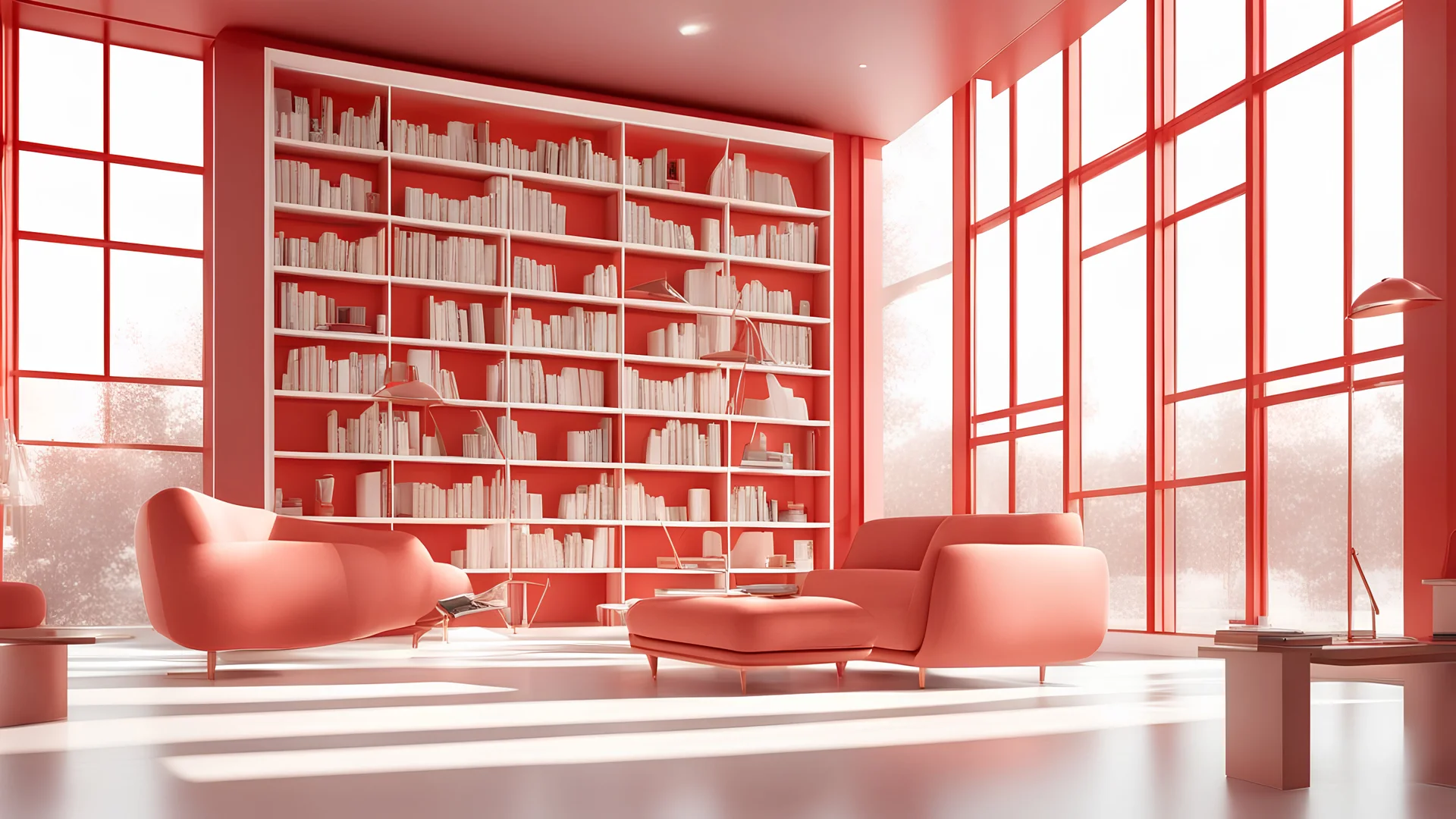 Modern red library interior with sunlight. Decor and desing concept. 3D Rendering