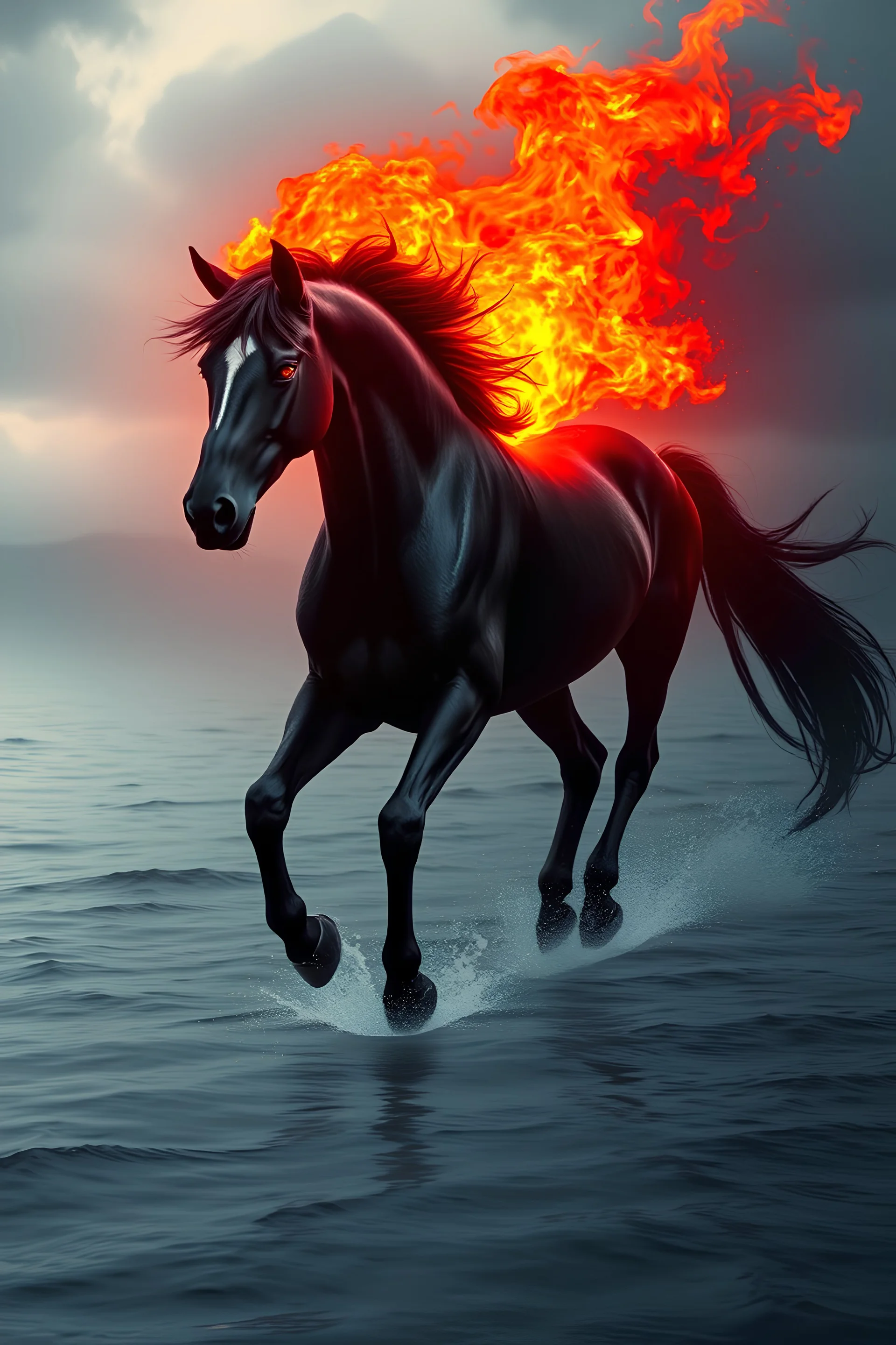 A black horse with red eyes that walks on water and fire comes out of its tail and the atmosphere is powerful