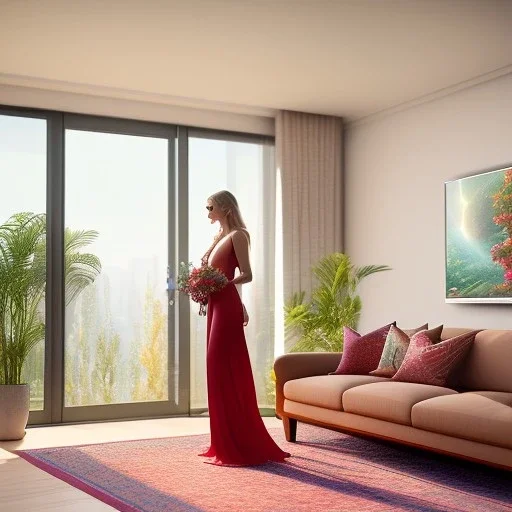 photograph of a woman, standing in a modern living room with large windows, stunning environment, ultra realistic, concept art, elegant, ((intricate)), ((highly detailed)), depth of field, (((professionally color graded))), 8k, 85mm, f/1.8, art by artgerm and greg rutkowski and alphonse mucha