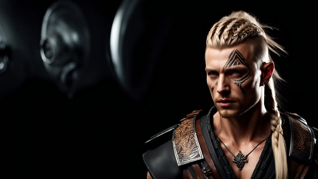 photorealistic hyperdetailed portait of 28-year-old german male, as mercenary with long blonde braided and undercut hair, tribal tattoos and neatly trimmed beard, modern clothing, dark fantasy