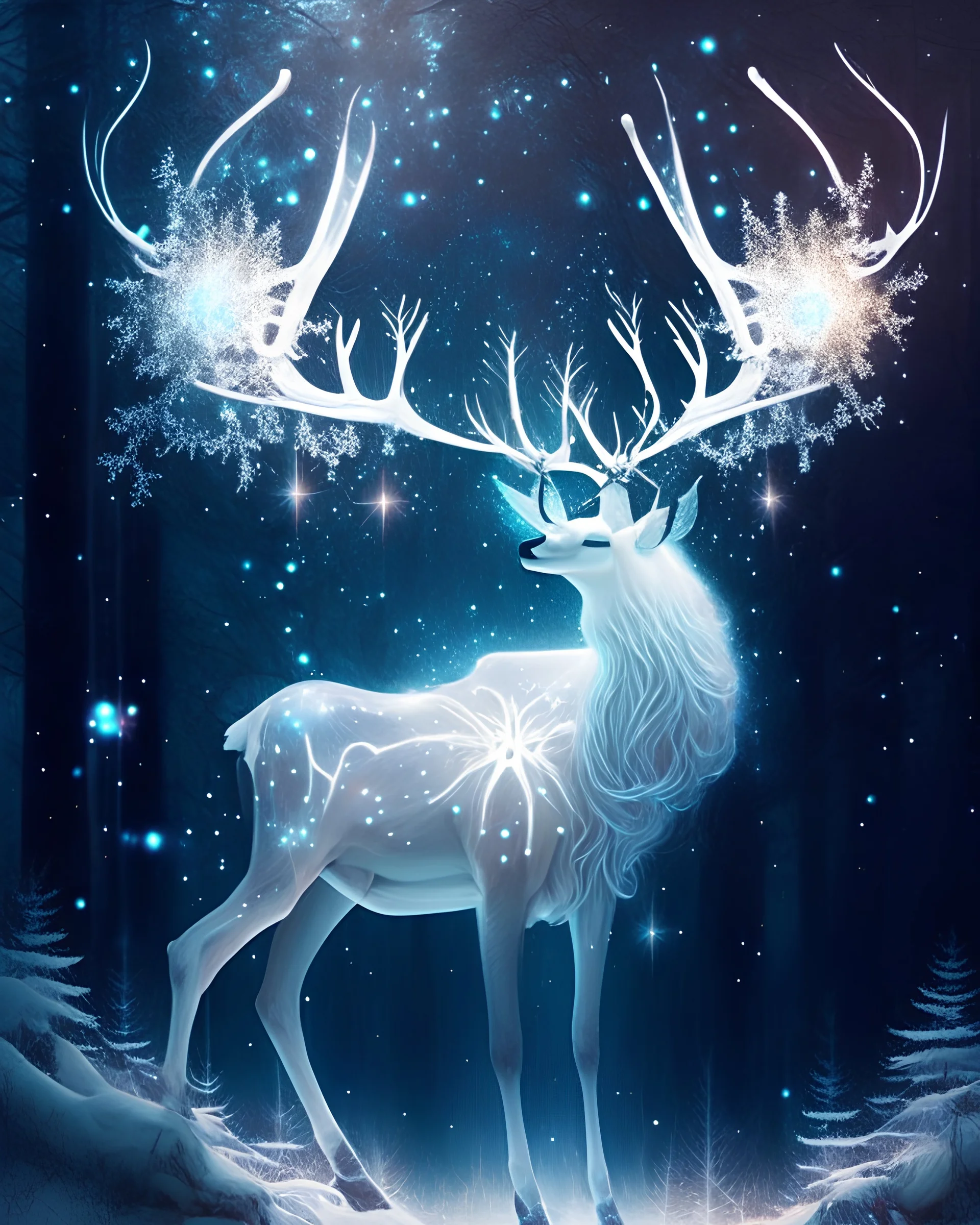 A celestial white stag with antlers adorned with glowing crystals, guiding lost travelers through enchanted forests and otherworldly realms.