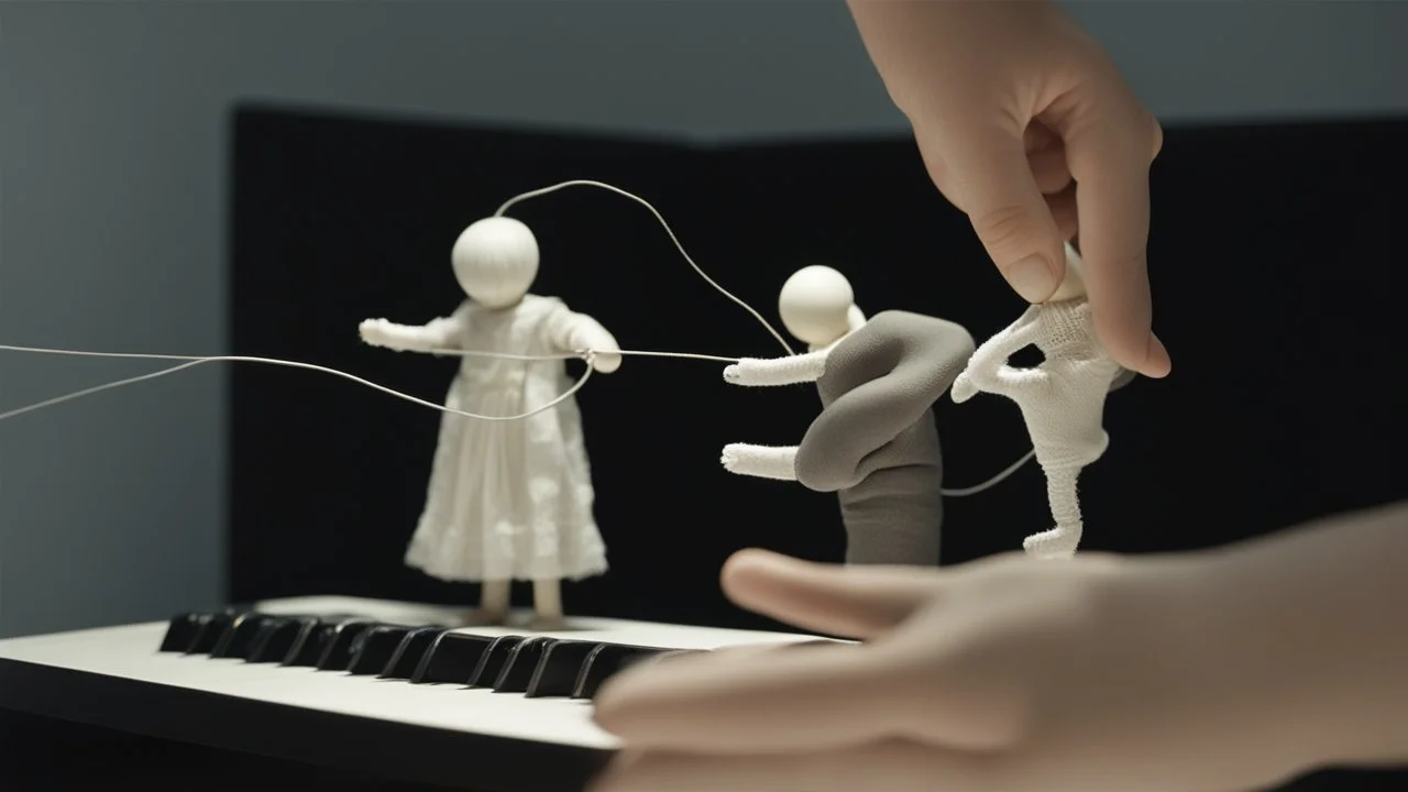 في الصورة، تظهر يد بشرية تمسك بخيوط دمية. اليد بيضاء ناصعة، بينما الخيوط سوداء داكنة. تمسك اليد الخيوط بإحكام، مما يوحي بسيطرة اليد على الدمية. تقف الدمية في الخلفية، وهي غير مرئية تمامًا. لا يمكن رؤية سوى الخيوط السوداء التي تمتد من اليد إلى الدمية. هذا يخلق إحساسًا بالغموض والتشويق. الصورة مأخوذة من زاوية عالية، مما يخلق تأثيرًا مهيمنًا لليد. هذا يوحي بأن اليد قوية وفعالة. الصورة ذات خلفية مظلمة، مما يخلق جوًا غامضًا ومثيرًا للاهتمام. هذا يعزز الموضوع العام للتلاعب، والذي غالبًا ما يرتبط با