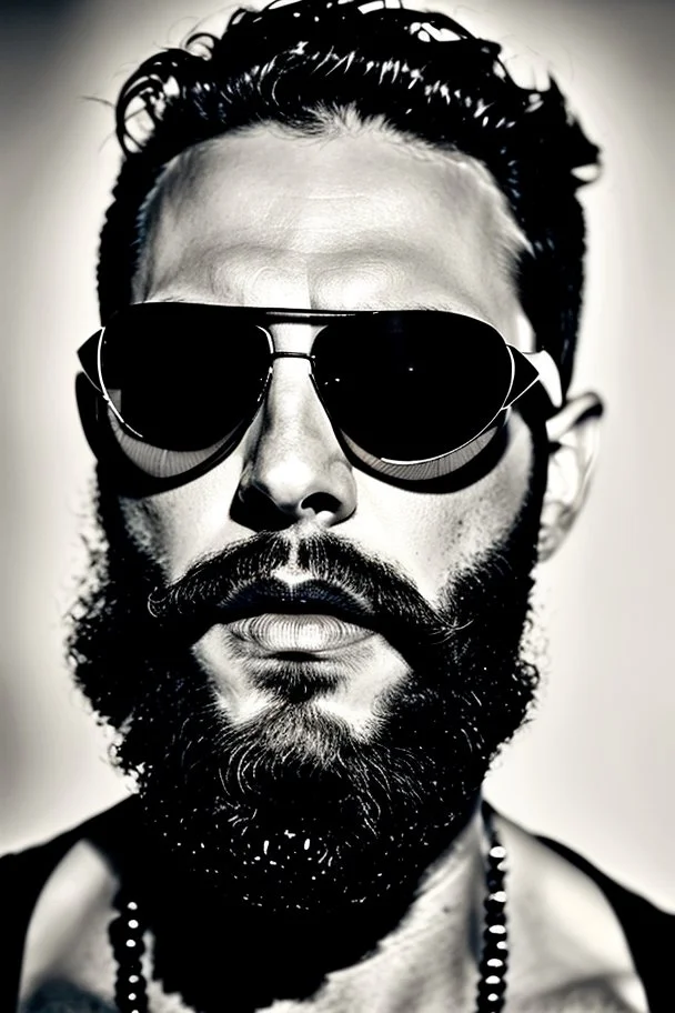 Artistic photo in the audacius style of Jill Greenberg, of man with a luxurious and striking style, abundance of jewelry, oversized sunglasses, neat black beard, feminine manirism, prints, desafiant, extravagant, barroque escene , impasto style with thick texture