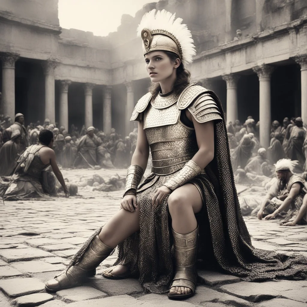 [vintage style noisy scratches glitches, Shot the texture and then rewound the film and double exposed the face] [old faded image of a woman Roman legionary crouching in sandal tall amidst the chaos of the Roman celebration. Clad in gleaming chainmail, a majestic plume in hairs, she exudes an aura of strength and determination that sets her apartaround herstraw-covered ground, demonic, satanic,] Retrofuturism: Where Yesterday’s Tomorrow Still Shines