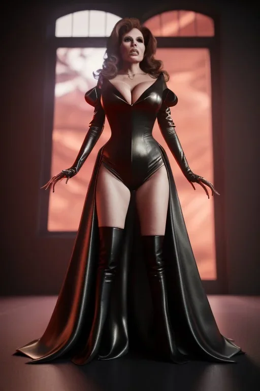 Raquel Welch as evil queen in black leather gown, angry, busty, curvey, cleavage, unreal 5, octane render, cinema4d, dynamic lighting, dramatic lighting, 4k, redshift render, highly detailed, hyper realistic