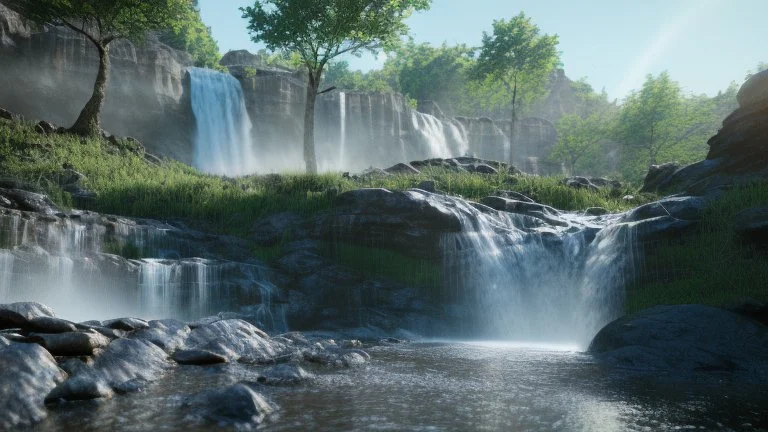 Sunny day, Epic waterfall landscape, rocks foreground