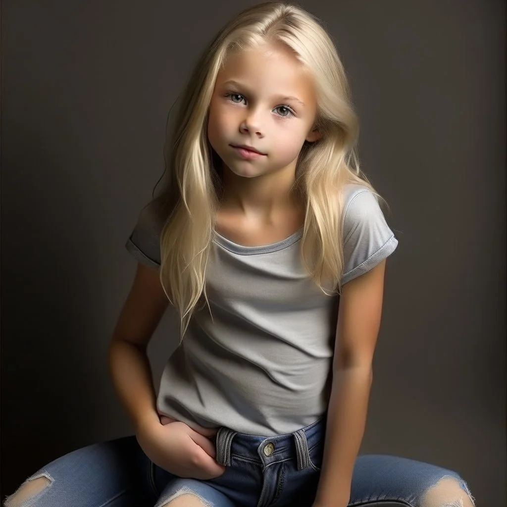 pretty girl, aged 10, blonde, conventionally attractive, dreamy, jeans, tight top