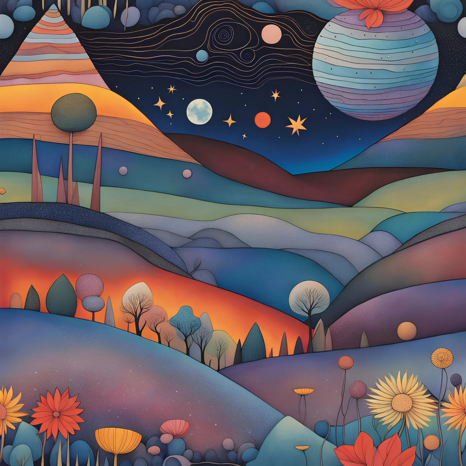 Colourful, peaceful, Amano, Paul Klee, night sky filled with galaxies, planets and stars, rock formations, trees, flowers, one-line drawing, sharp focus, 8k, deep 3d field, intricate, ornate, hypermaximalist