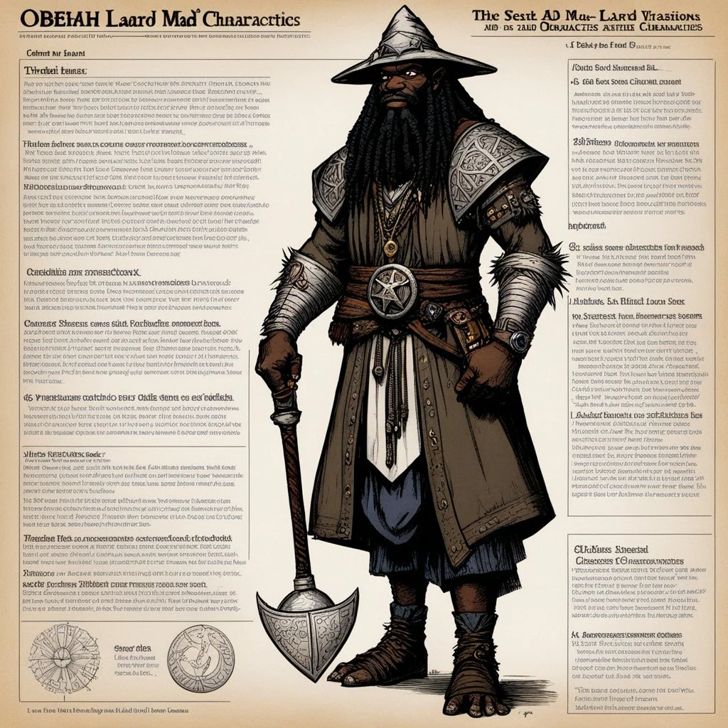 character concept sheet with AD&D statistics and characteristics, [illustration by Kevin Eastman and Peter Laird] the Obeah Man wizard