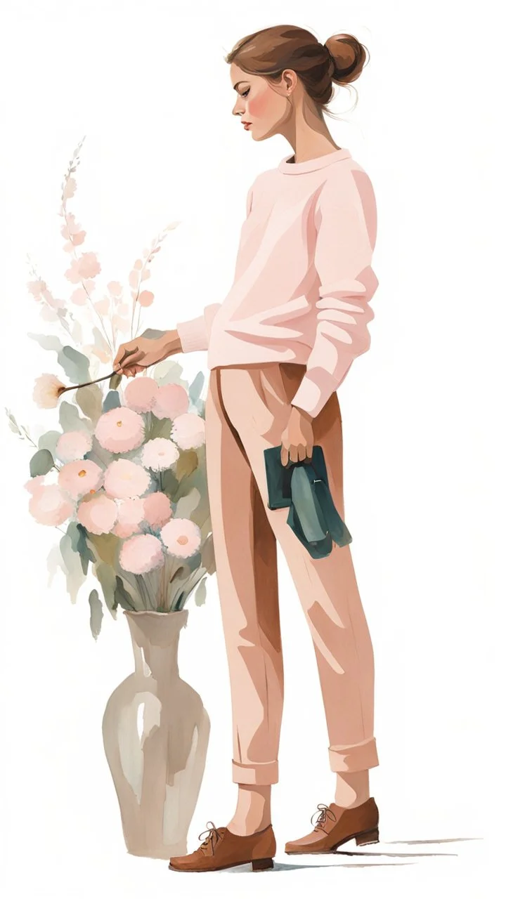 Painting a haughty beautiful standing woman, light pink sweater, brown long pants, brown shoes,bouquet of flowers in hand,kijkt achterom