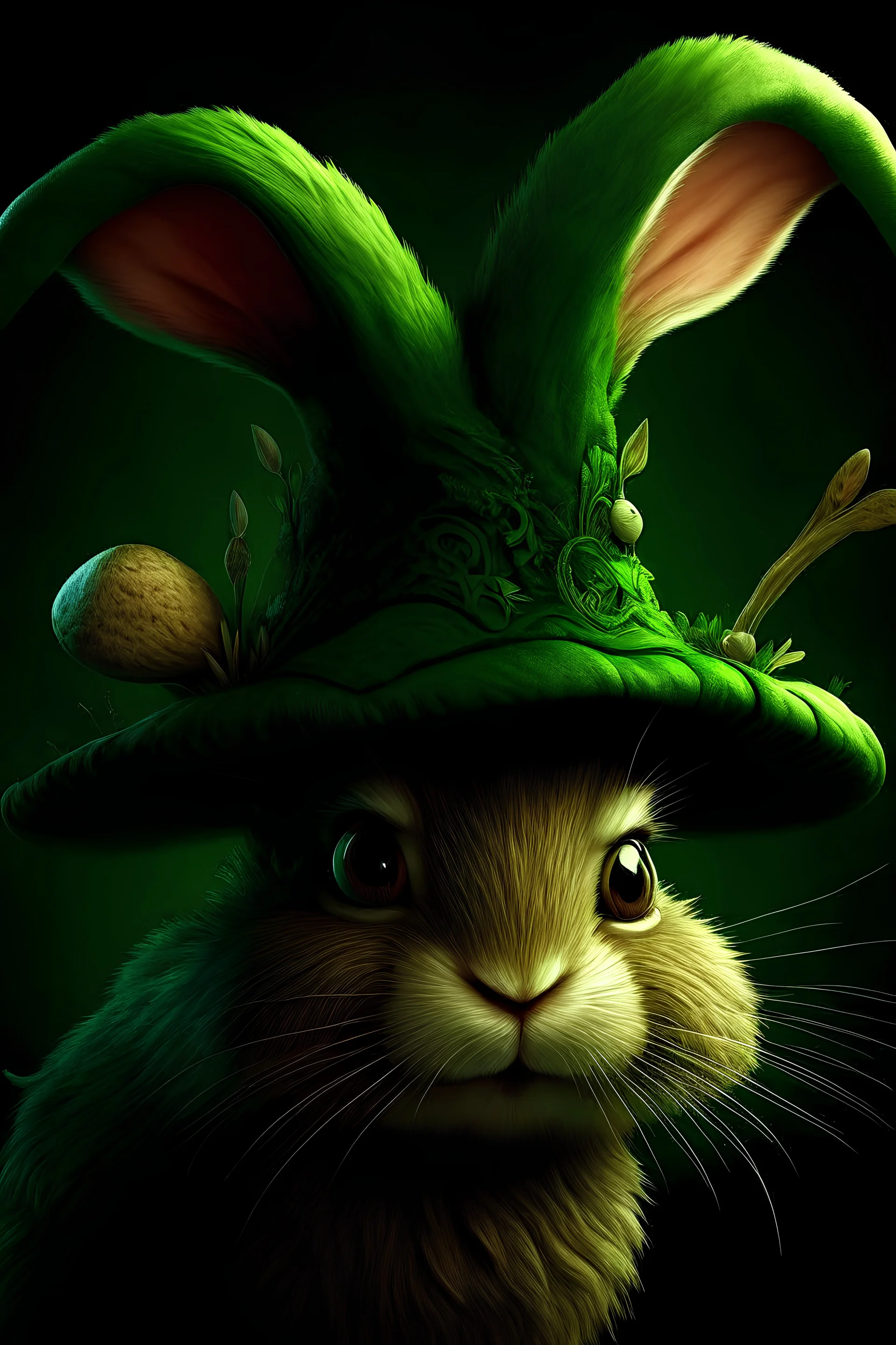 beatiful Bunny with mushrooms growing on his back, green light front view textured detailed fur, portrait, mage hat, elf florest background extremely detailed, athmoshpheric, hyperrealistic maximálist concept art