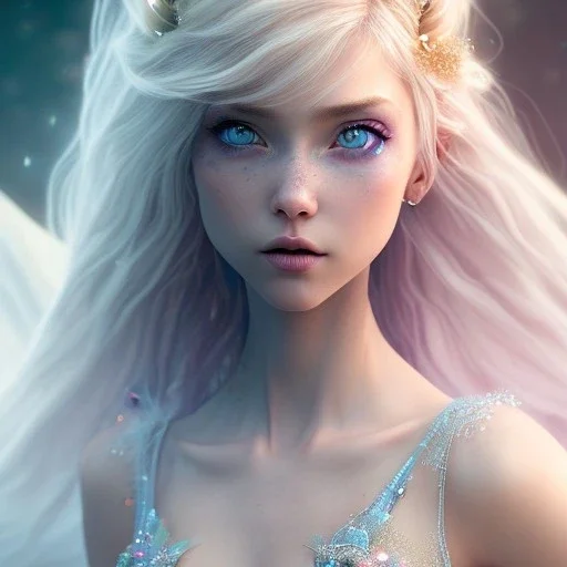 A portrait of a cute fantasy fairy, blue eyes, long blond hair, pink lips, atmospheric light, cinematic lighting, extremely sharp detail, finely tuned detail, ultra high definition, 8 k, unreal engine 5, ultra sharp focus, accurate wings, positive smile, highlight luminous dress