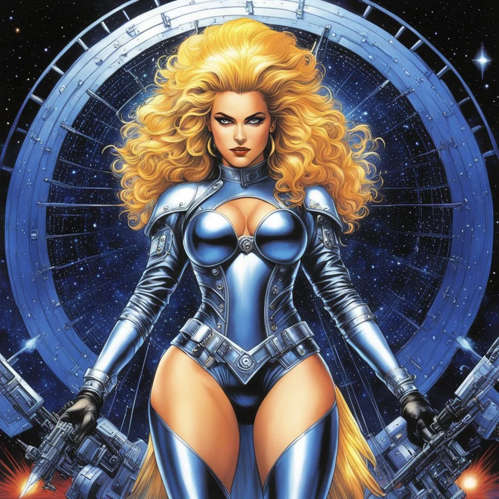 heavy metal / metal hurlant: psychedelic) Wait, you want The She-Commander 1994, from the deep vault of the mind's eye? Yeah, okay, I see her, floating between the stars and the electric currents of the machine consciousness. She’s not just commanding; she's merging with the Curvy Blond Hair starship. Here's the visual riff, amplified by high-vibration noise and synthesized sound: (Psychedelic space opera comic illustration, in the vein of Philippe Druillet's Délirius (1973) mixed with the hyp