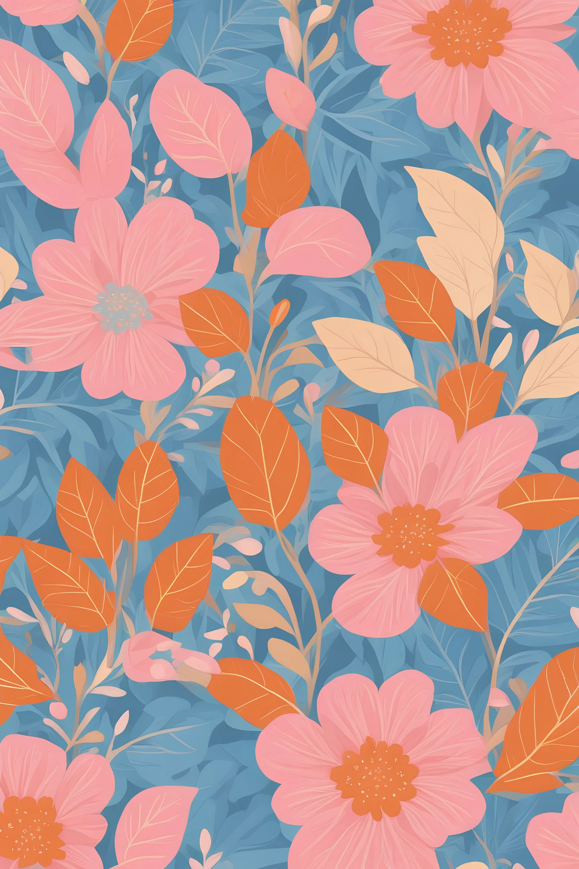flowers and leaves design pattern featuring pink, orange, light blue and gold